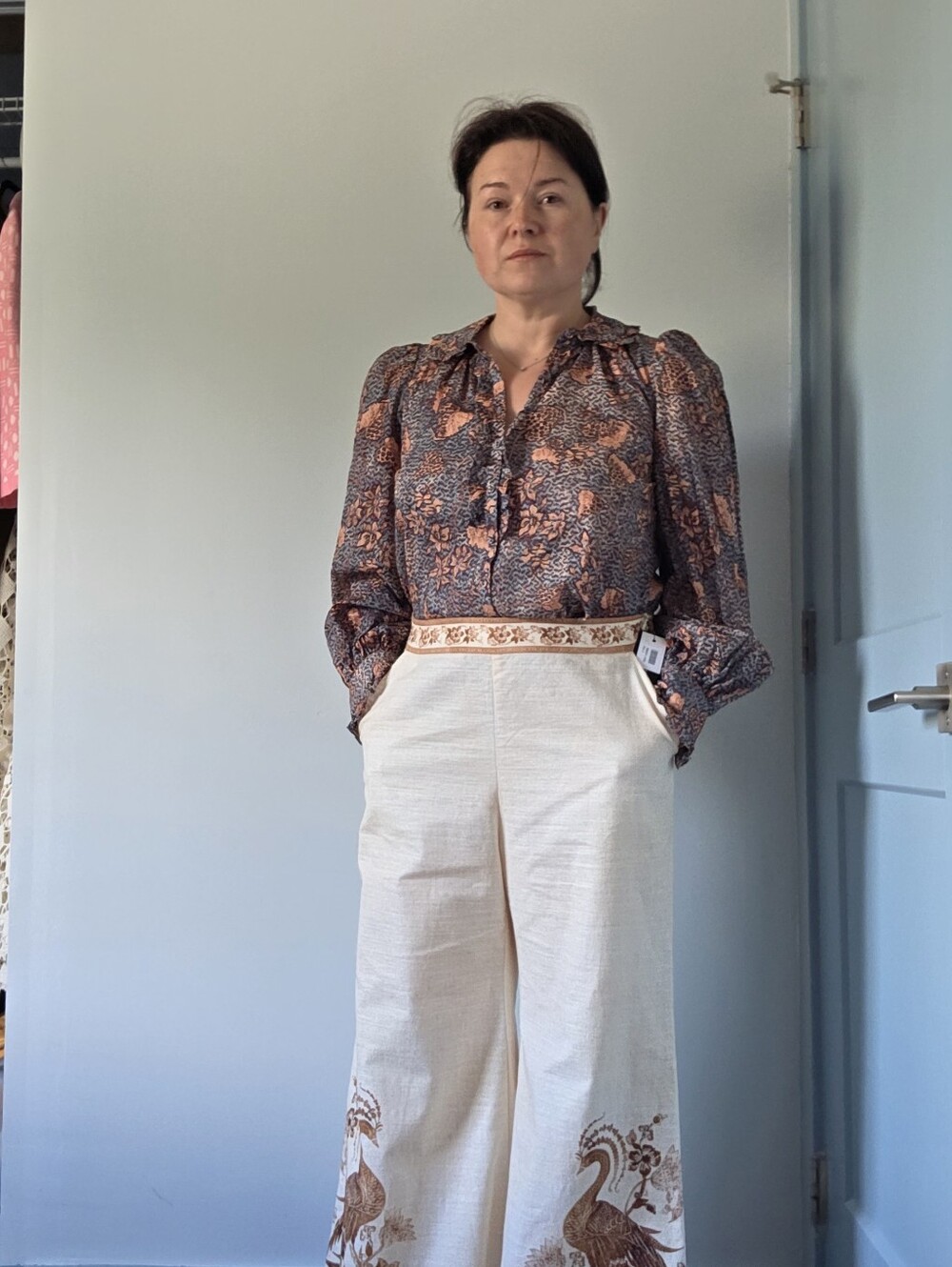 Ulla Johnson Coral Floral Button-Up Blouse on Charcoal